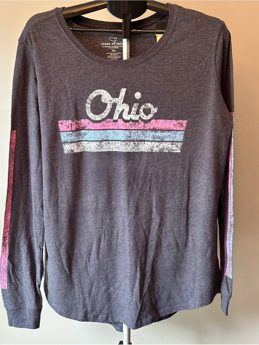 State of Mind Ohio Long Sleeve Tee in Charcoal with Pink & Light Blue Stripes